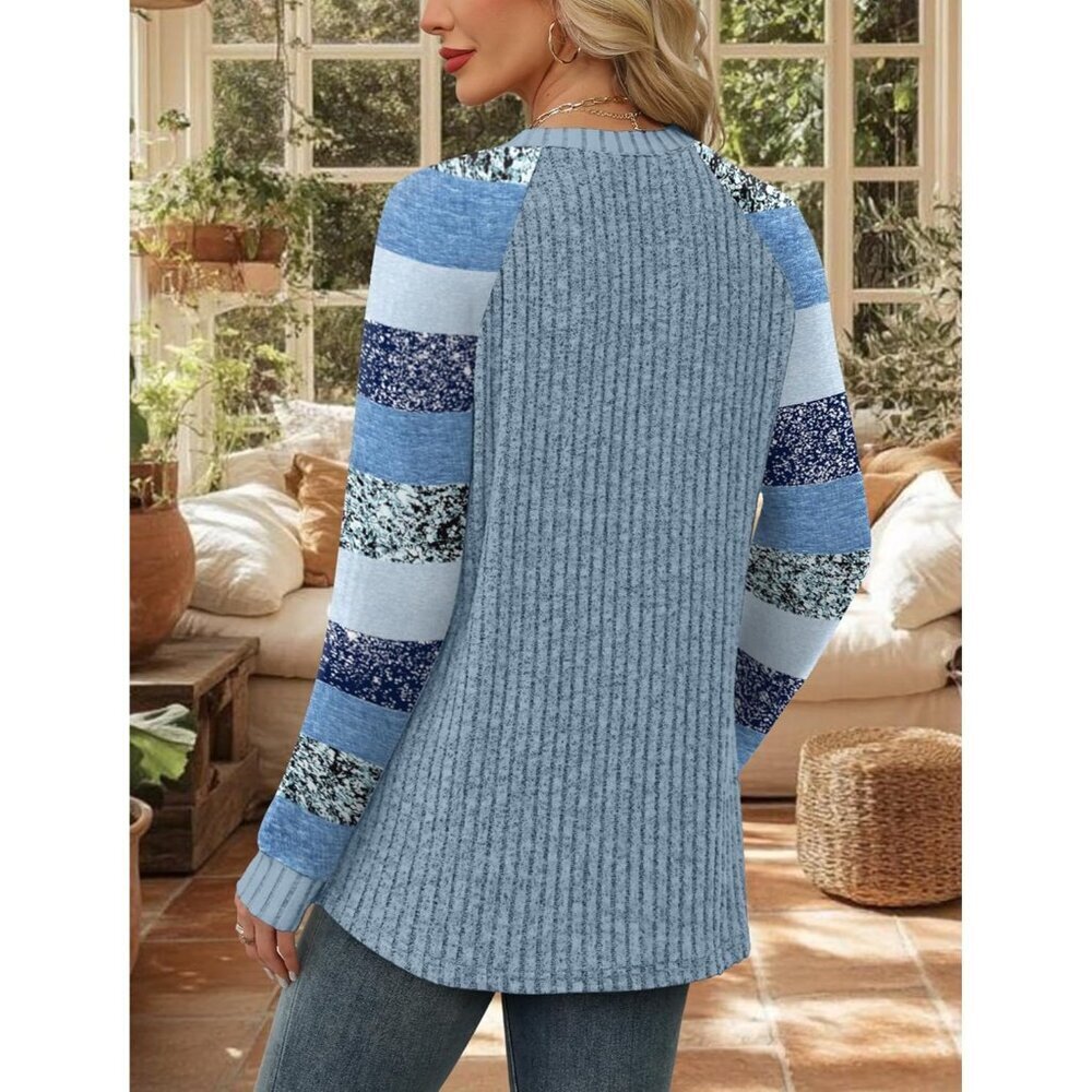 Women's sky Blue Stripes Color Block Long Sleeve Shirt Lightweight Sweater - Picture 5 of 5